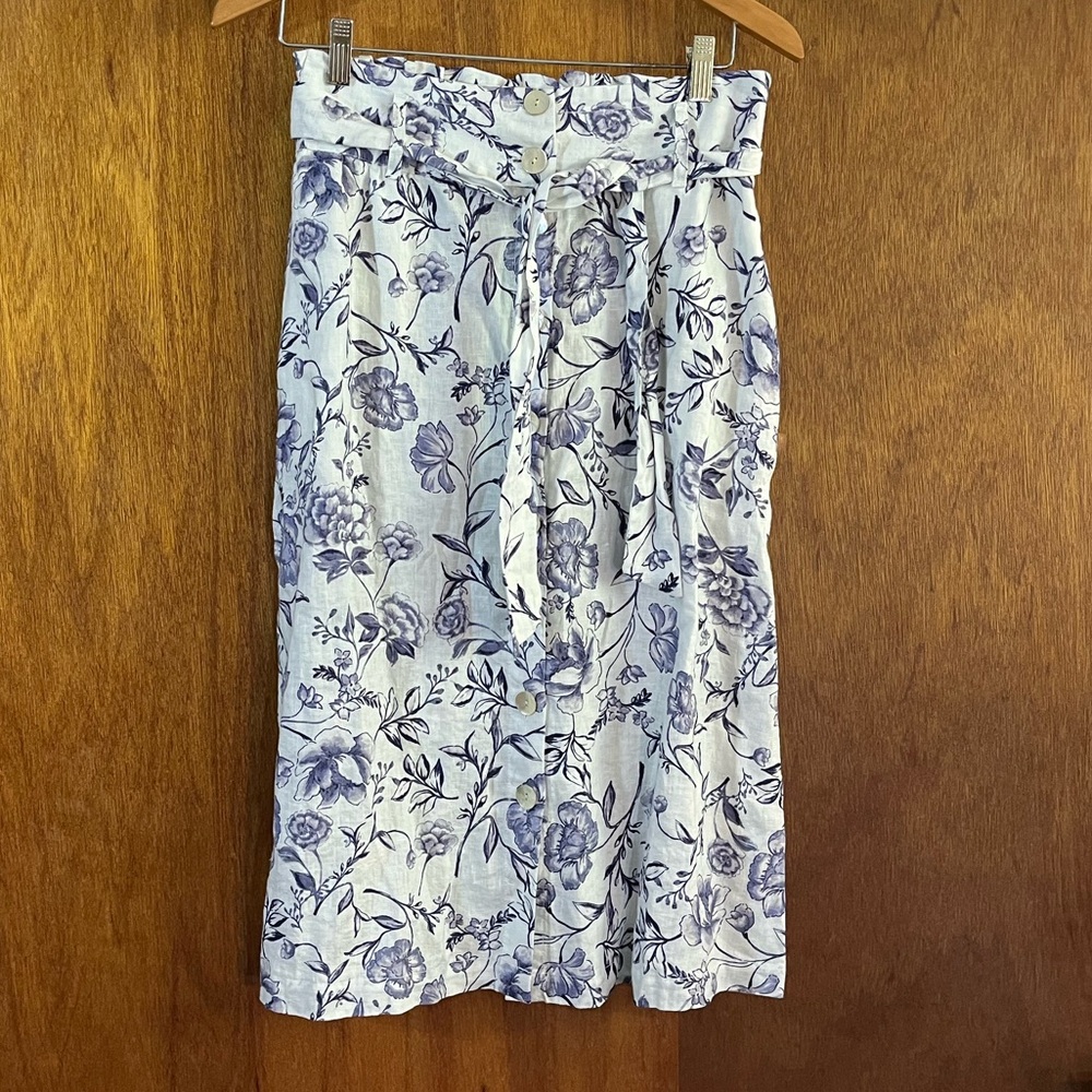 CYNTHIA ROWLEY Linen Floral Midi Skirt White & Periwinkle Sz S